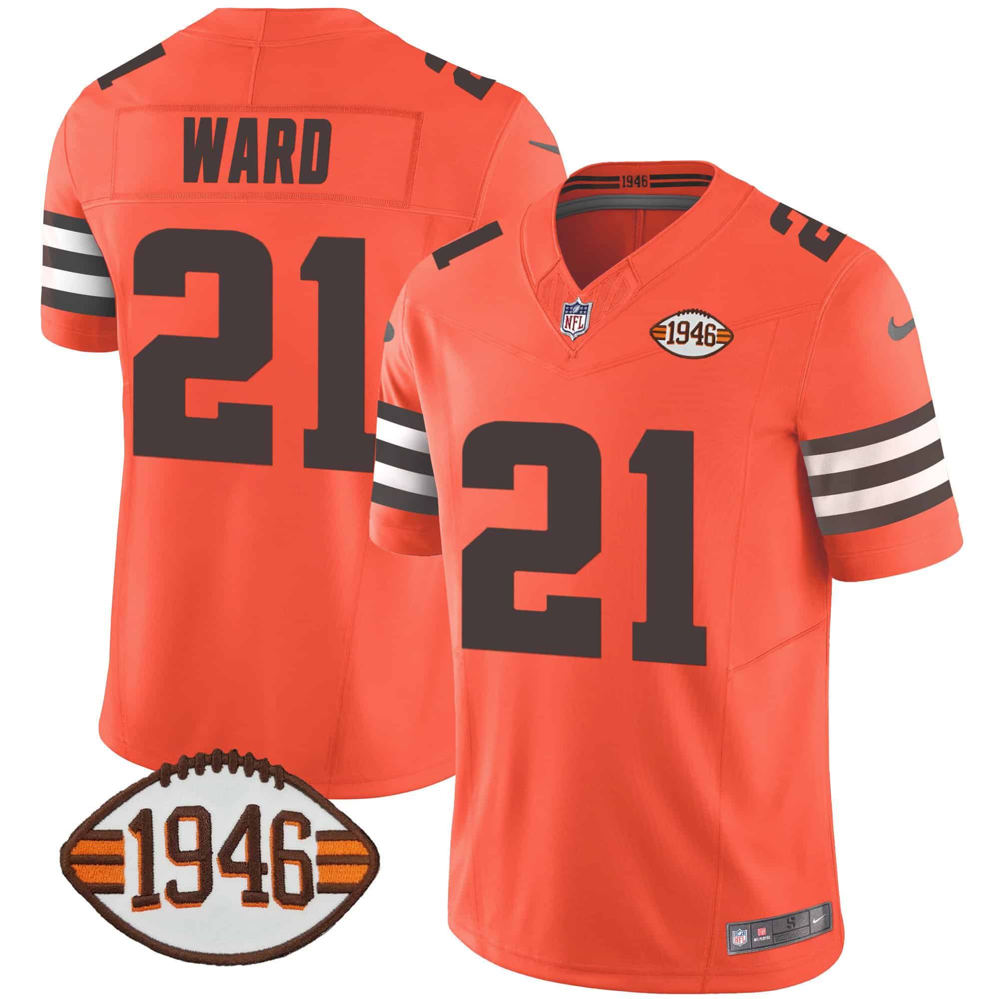 Men Cleveland Browns 21 Ward Orange 1946 75th Anniversary Patch 2024 Nike NFL Jersey